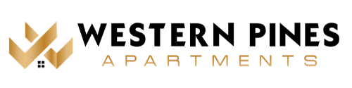 a logo with the words western pines apartments in black and gold on a green background